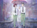 Hisao and Rin walking in and talking about the rain