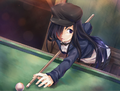 Hanako preparing for her shot in pool