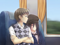 Fan-created CG of Hisao and Hanako on a train, as described in the leaked scripts.