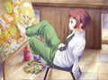 Rin completely focused in her world, painting